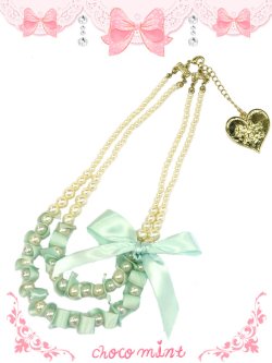 画像1: 【新品】 リボンパールネックレス（ミント） NE_137_B142