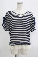 axes femme / 裾チュールボーダープルオーバー M ネイビー H-25-09-06-031-AX-TO-NS-ZH