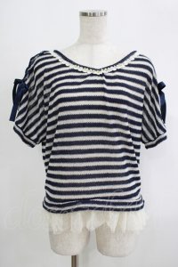 axes femme / 裾チュールボーダープルオーバー M ネイビー H-25-09-06-031-AX-TO-NS-ZH