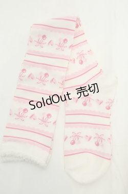 画像1: BABY,THE STARS SHINE BRIGHT / チェリーリボン柄ボーダーオーバーニーソックス  シロ×ピンク O-26-01-30-073-BA-ZA-OW-OS