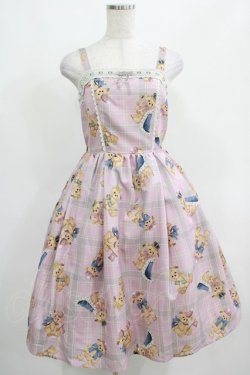 画像1: axes femme kawaii / ロイヤルベアーズ柄ジャンスカ  ピンク T-26-02-04-016-AX-OP-SA-ZH