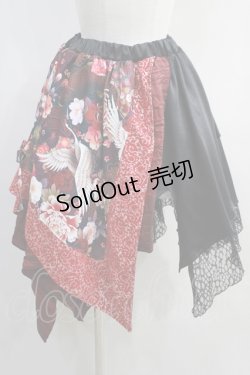 画像1: Qutie Frash / 和柄アシメスカート  黒×赤 H-24-04-19-049-QU-SK-KB-ZH