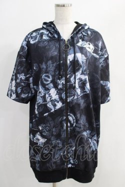 画像1: NieR Clothing / 総柄ZIP半袖パーカー  黒 H-25-05-11-1030-PU-TO-KB-ZH