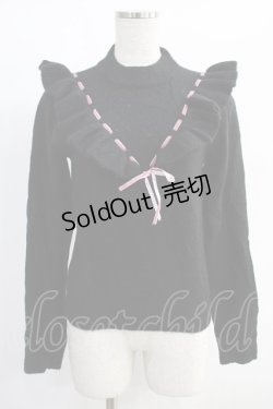 画像1: Ank Rouge / はしごリボンVフリルニット M ブラック/ピンク H-25-01-19-034-CA-TO-NS-ZH