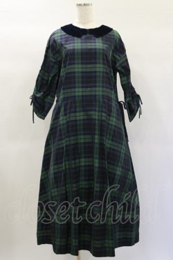 画像1: Jane Marple Dans Le Salon / メモリアルチェックベルベットカラードレス  グリーン×ネイビーチェック H-25-01-20-1073-JM-OP-KB-ZT084