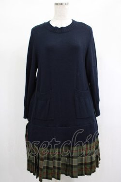 画像1: Jane Marple Dans Le Salon / ニットとTartan checkのトロンプルイユドレス  ネイビー×カーキ H-25-01-21-1027-JM-OP-KB-ZT084