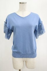 axes femme / 袖レース半袖ニットプルオーバー M ブルー H-25-02-24-047-AX-TO-NS-ZH
