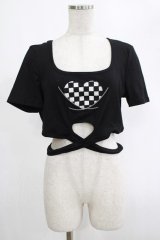 DARK IN LOVE / Punk locomotive check heart crop top XL ブラック H-25-02-25-053-PU-TO-KB-ZH
