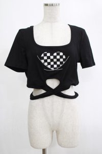 DARK IN LOVE / Punk locomotive check heart crop top XL ブラック H-25-02-25-053-PU-TO-KB-ZH