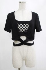 DARK IN LOVE / Punk locomotive check heart crop top XL ブラック H-25-02-25-054-PU-TO-KB-ZH