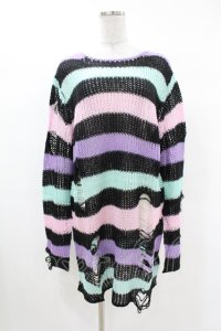 KILL STAR / Pastel Punk Knit Sweater M 黒×ピンク×パープル×ミント H-25-02-28-1054-SL-TO-KB-ZH