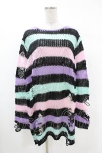 KILL STAR / Pastel Punk Knit Sweater M 黒×ピンク×パープル×ミント H-25-02-28-1055-SL-TO-KB-ZH
