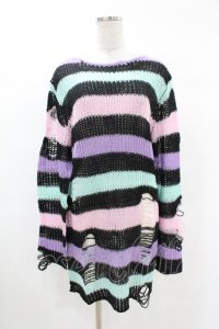 KILL STAR / Pastel Punk Knit Sweater S 黒×ピンク×パープル×ミント H-25-02-28-1056-SL-TO-KB-ZH