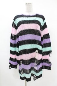 KILL STAR / Pastel Punk Knit Sweater S 黒×ピンク×パープル×ミント H-25-02-28-1057-SL-TO-KB-ZH