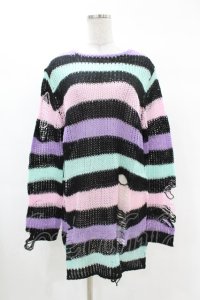 KILL STAR / Pastel Punk Knit Sweater S 黒×ピンク×パープル×ミント H-25-02-28-1060-SL-TO-KB-ZH