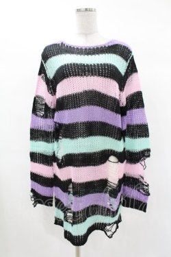画像1: KILL STAR / Pastel Punk Knit Sweater XS 黒×ピンク×パープル×ミント H-25-02-28-1064-SL-TO-KB-ZH