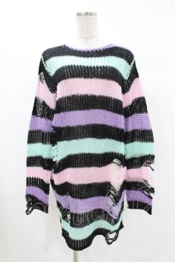 画像1: KILL STAR / Pastel Punk Knit Sweater XS 黒×ピンク×パープル×ミント H-25-02-28-1065-SL-TO-KB-ZH