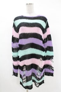 KILL STAR / Pastel Punk Knit Sweater XS 黒×ピンク×パープル×ミント H-25-02-28-1067-SL-TO-KB-ZH