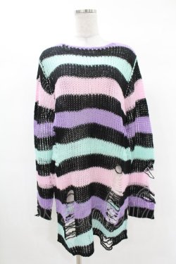 画像1: KILL STAR / Pastel Punk Knit Sweater XS 黒×ピンク×パープル×ミント H-25-02-28-1067-SL-TO-KB-ZH