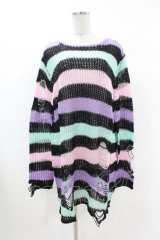 KILL STAR / Pastel Punk Knit Sweater L 黒×ピンク×パープル×ミント H-25-02-28-1033-SL-TO-KB-ZI