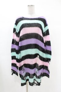 KILL STAR / Pastel Punk Knit Sweater L 黒×ピンク×パープル×ミント H-25-02-28-1036-SL-TO-KB-ZI