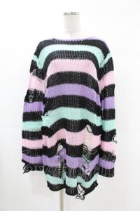 KILL STAR / Pastel Punk Knit Sweater M 黒×ピンク×パープル×ミント H-25-02-28-1048-SL-TO-KB-ZH