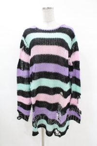 KILL STAR / Pastel Punk Knit Sweater M 黒×ピンク×パープル×ミント H-25-02-28-1049-SL-TO-KB-ZH