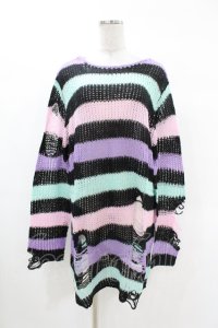 KILL STAR / Pastel Punk Knit Sweater M 黒×ピンク×パープル×ミント H-25-02-28-1050-SL-TO-KB-ZH