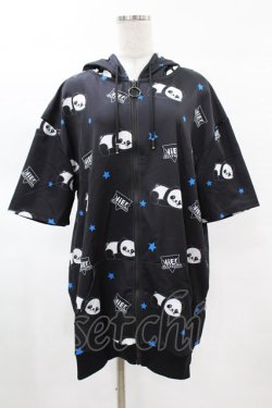 画像1: NieR Clothing / 総柄ZIP半袖パーカー F 黒 H-25-03-23-1053-PU-TO-KB-ZH