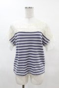 axes femme / レース切替ボーダートップス M アイボリー/ブルー H-25-04-04-1049-AX-TO-NS-ZH