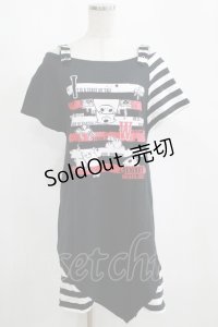 Deorart / 肩ベルト半袖プリントカットソー L 黒 H-25-04-07-1055-PU-TO-KB-ZH