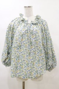 Jane Marple Dans Le Salon / Lawn Liberty Bubble Sleeve Blouse  オフ×ブルー H-25-04-11-1021-JM-BL-KB-ZH