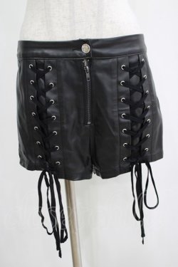 画像1: KILL STAR / レースアップフェイクレザーショートパンツ L 黒 H-25-04-12-053-SL-PA-KB-ZH