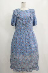 Jane Marple Dans Le Salon / Flower Stamp Empireワンピース  サックス H-25-04-12-017-JM-OP-KB-ZH
