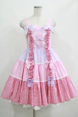 画像1: Angelic Pretty / ギンガム配色肩リボンジャンパースカート Free ピンク/ラベンダー H-25-04-17-1009-AP-OP-NS-ZH