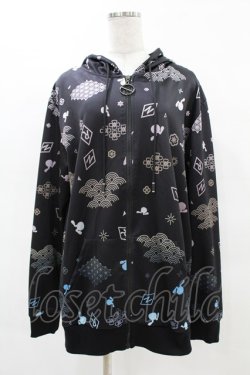 画像1: NieR Clothing / 総柄ZIPパーカー  黒 H-25-04-18-060-PU-TO-KB-ZH