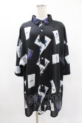 KINGLYMASK / トランプ総柄半袖カットソーシャツ  黒 H-25-04-22-022-PU-BL-KB-ZH