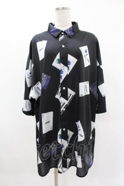 画像1: KINGLYMASK / トランプ総柄半袖カットソーシャツ  黒 H-25-04-22-022-PU-BL-KB-ZH
