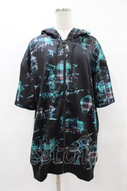 画像1: NieR Clothing / 総柄ZIP半袖パーカー  黒 H-25-04-22-039-PU-TO-KB-ZH