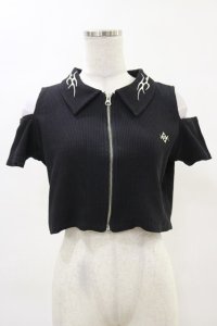 REFLEM / 肩開きクロップド丈テレコジップアップ半袖カットソー FREE 黒 H-25-04-25-021-PU-TO-KB-ZH