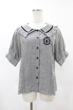 画像1: NieR Clothing / ギンガムチェックフリル襟ブラウス F 黒×白 H-25-05-01-1049-PU-BL-KB-ZH