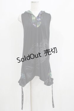 画像1: Qutie Frash / 和柄フードノースリーブチュニック  黒 H-25-08-10-013-QU-TO-KB-ZH