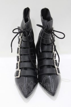 画像1: Goth Pikes / バックルヒールブーツ US7 黒 H-25-05-02-071-PU-SH-KB-ZH