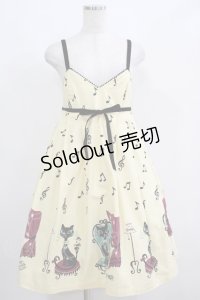 Emily Temple cute / 音符＆ネコハイウエストノースリーブワンピース  オフシロ H-25-05-06-013-ET-OP-KB-ZH