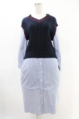 Jane Marple Dans Le Salon / Tilden vest and stripe trompe-l'oeil dress  ネイビー×ブルー H-25-05-07-1018-JM-OP-KB-ZH