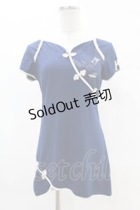 Ozz oneste / 刺繍チャイナ半袖カットソー  紺 H-25-05-10-1034-OO-TO-KB-ZH