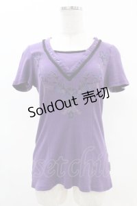 Ozz oneste / 刺繍Vネックリブトップス  パープル H-25-05-10-1035-OO-TO-KB-ZH