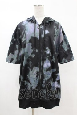 画像1: NieR Clothing / 総柄ZIP半袖パーカー  黒 H-25-05-13-1064-PU-TO-KB-ZH
