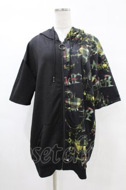画像1: NieR Clothing / プリント切替半袖ZIPパーカー  黒 H-25-05-13-1065-PU-TO-KB-ZH