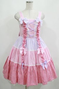 Angelic Pretty / ギンガム配色肩リボンジャンパースカート Free ピンク/ラベンダー H-25-05-16-1005-AP-OP-NS-ZH
